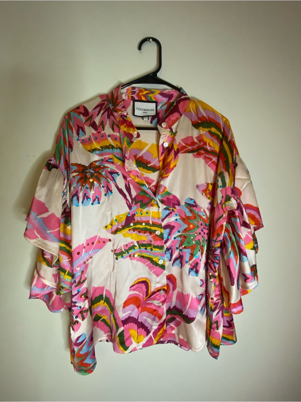 Vibrant Pink Tropical-Print Ruffle Sleeve Blouse with Sequence